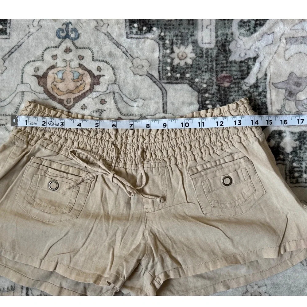 LAGACI Tan Smocked Waist Linen Blend Cargo Shorts Khaki Drawstring Casual Womens